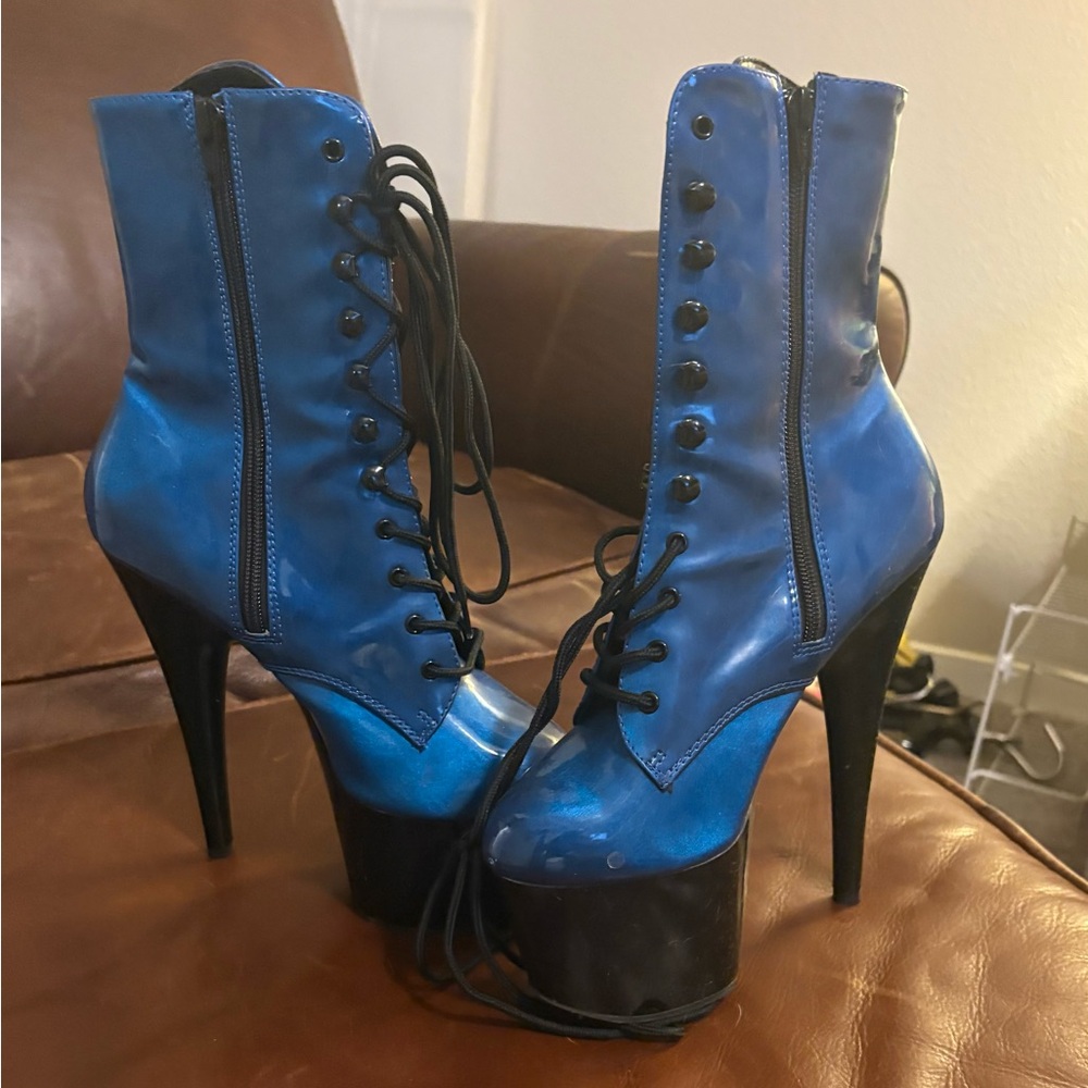 Pleaser Shiny Blue Lace-Up Heels